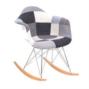 LeisureMod Mid-Century Wilson Patchwork Twill Fabric Eiffel Base Rocking Chair