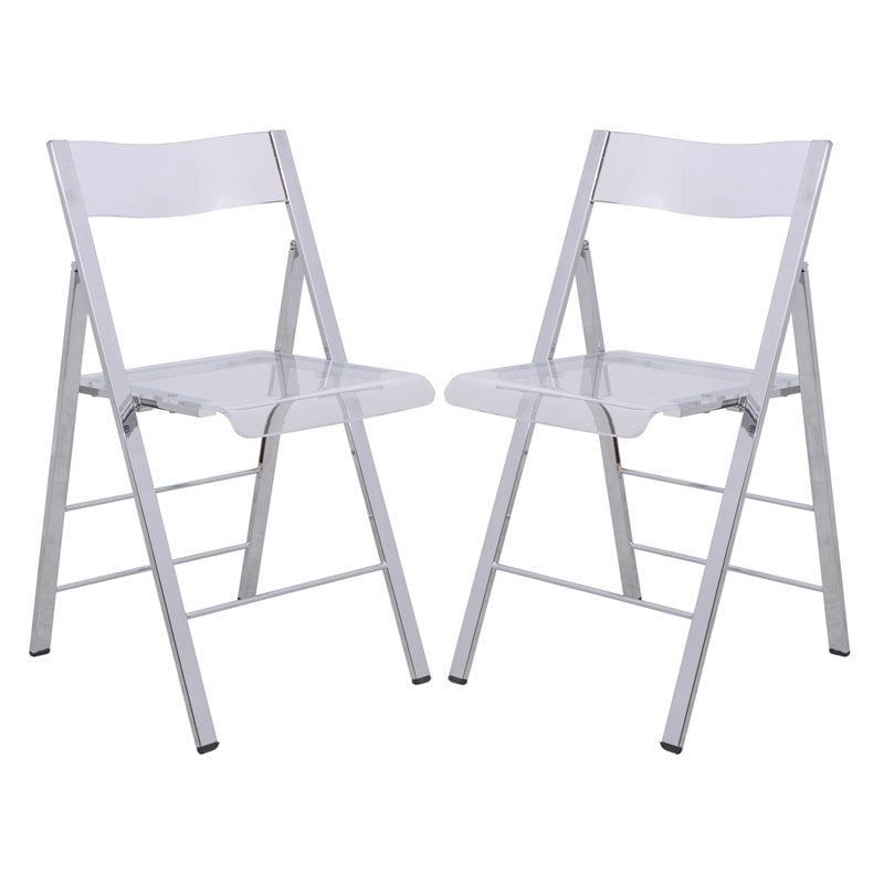 LeisureMod Modern Menno Acrylic Chrome Dining Folding Chair in Clear Set of 2