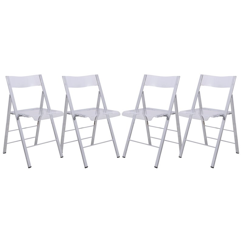 LeisureMod Modern Menno Acrylic Chrome Dining Folding Chair in Clear Set of 4