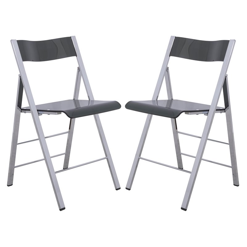 LeisureMod Modern Menno Acrylic Chrome Dining Folding Chair in Black Set of 2