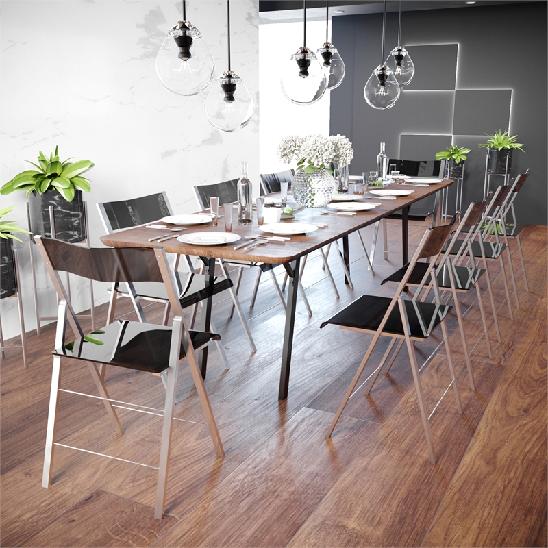LeisureMod Modern Menno Acrylic Chrome Dining Folding Chair in Black Set of 4