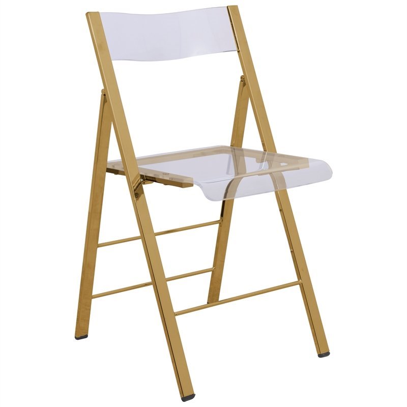 LeisureMod Modern Menno Acrylic Gold Dining Folding Chair in Clear