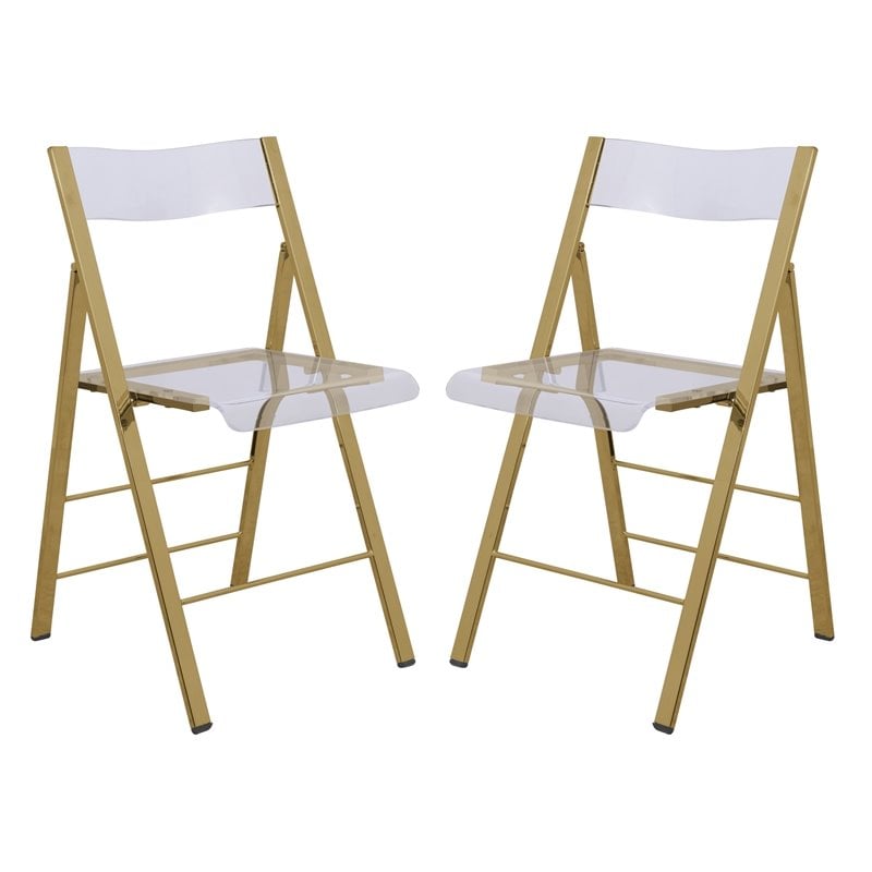 LeisureMod Modern Menno Acrylic Gold Dining Folding Chair in Clear Set of 2