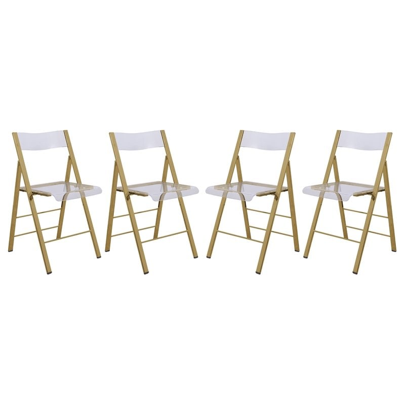 LeisureMod Modern Menno Acrylic Gold Dining Folding Chair in Clear Set of 4