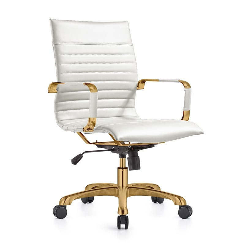 LeisureMod Harris Modern Leather Swivel Gold Office Chair in White