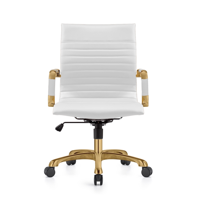 LeisureMod Harris Modern Leather Swivel Gold Office Chair in White