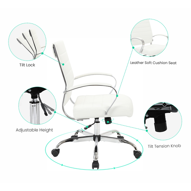 LeisureMod Upholstered Leather Office Chair with Swivel and Tilt in White