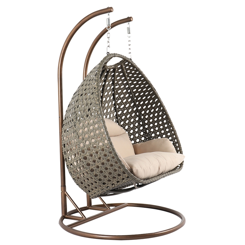 LeisureMod Outdoor Modern Wicker Hanging Double Egg Swing Chair in Beige