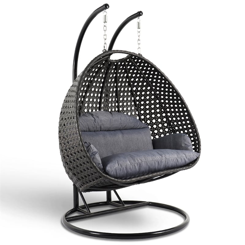 LeisureMod Outdoor Modern Wicker Hanging Double Egg Swing Chair in Charcoal Blue