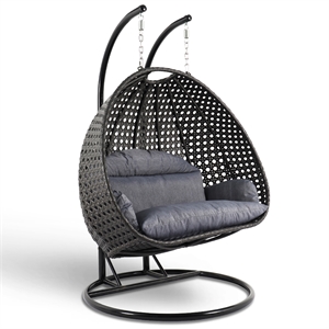 LeisureMod Outdoor Modern Wicker Hanging Double Egg Swing Chair in Charcoal Blue