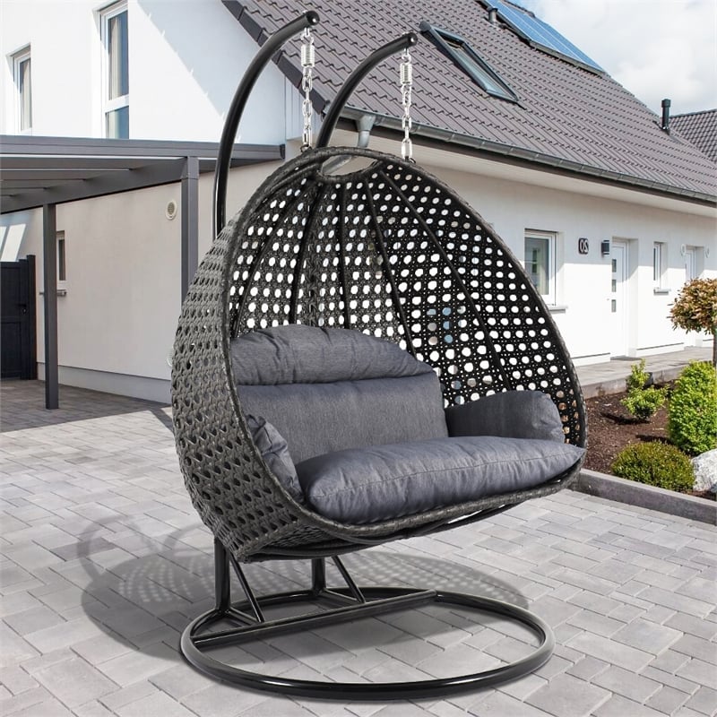 LeisureMod Outdoor Modern Wicker Hanging Double Egg Swing Chair in Charcoal Blue