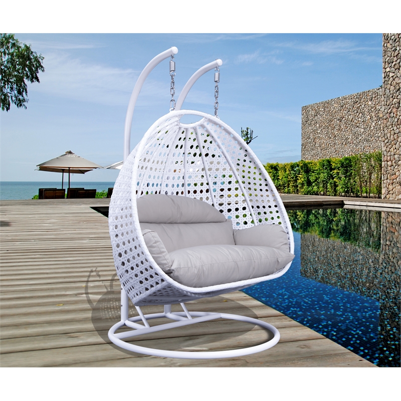 LeisureMod Outdoor Modern Wicker Hanging Double Egg Swing Chair in White