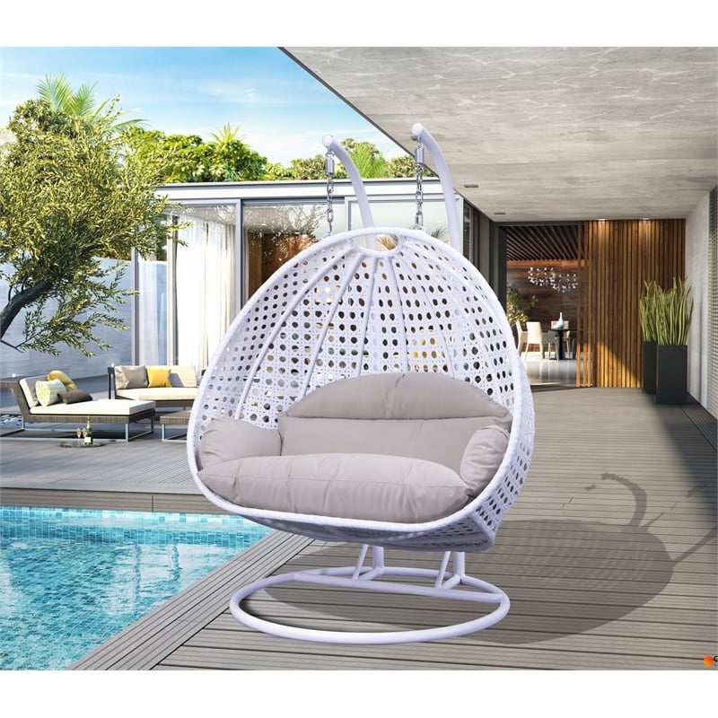 LeisureMod Outdoor Modern Wicker Hanging Double Egg Swing Chair in White
