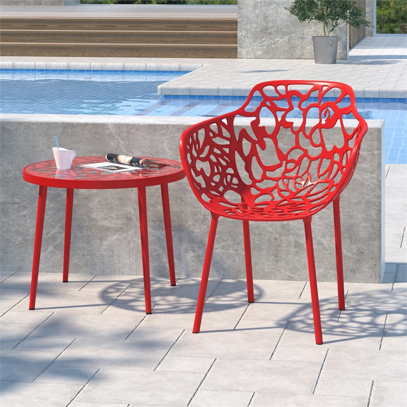 LeisureMod Devon Modern Glass Top Red Aluminum Base Outdoor 23