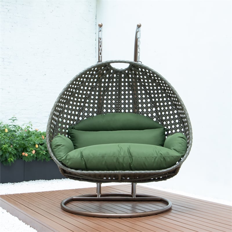 LeisureMod Outdoor Beige Wicker Hanging Double Egg Swing Chair in Dark Green