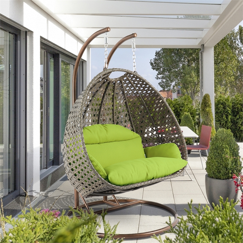LeisureMod Outdoor Beige Wicker Hanging Double Egg Swing Chair in Light Green