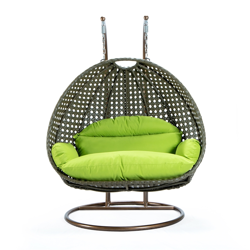 LeisureMod Outdoor Beige Wicker Hanging Double Egg Swing Chair in Light Green