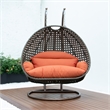 LeisureMod Outdoor Beige Wicker Hanging Double Egg Swing Chair in Orange