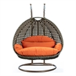 LeisureMod Outdoor Beige Wicker Hanging Double Egg Swing Chair in Orange