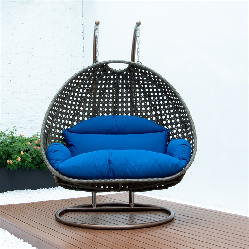 LeisureMod Outdoor Beige Wicker Hanging Double Egg Swing Chair in Blue