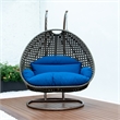 LeisureMod Outdoor Beige Wicker Hanging Double Egg Swing Chair in Blue