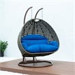 LeisureMod Outdoor Beige Wicker Hanging Double Egg Swing Chair in Blue