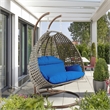 LeisureMod Outdoor Beige Wicker Hanging Double Egg Swing Chair in Blue