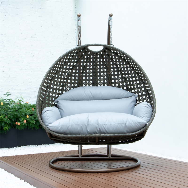 LeisureMod Outdoor Beige Wicker Hanging Double Egg Swing Chair in Light Gray