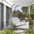 LeisureMod Outdoor Beige Wicker Hanging Double Egg Swing Chair in Light Gray