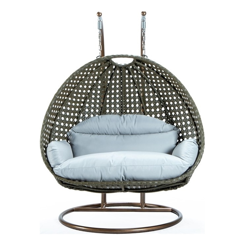LeisureMod Outdoor Beige Wicker Hanging Double Egg Swing Chair in Light Gray