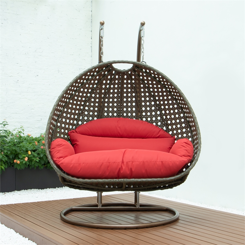LeisureMod Outdoor Beige Wicker Hanging Double Egg Swing Chair in Red