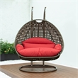 LeisureMod Outdoor Beige Wicker Hanging Double Egg Swing Chair in Red