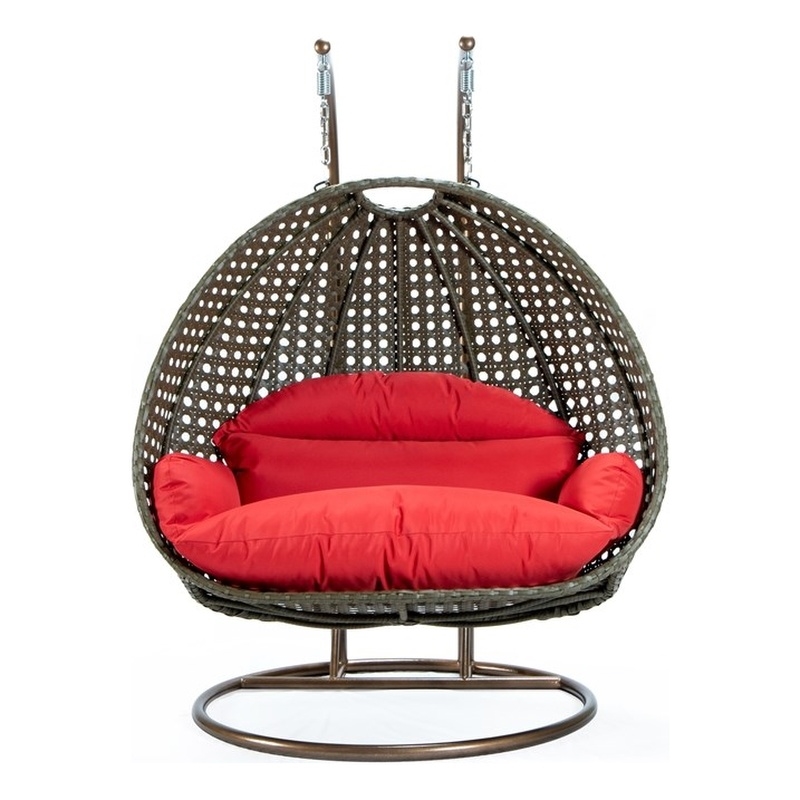 LeisureMod Outdoor Beige Wicker Hanging Double Egg Swing Chair in Red
