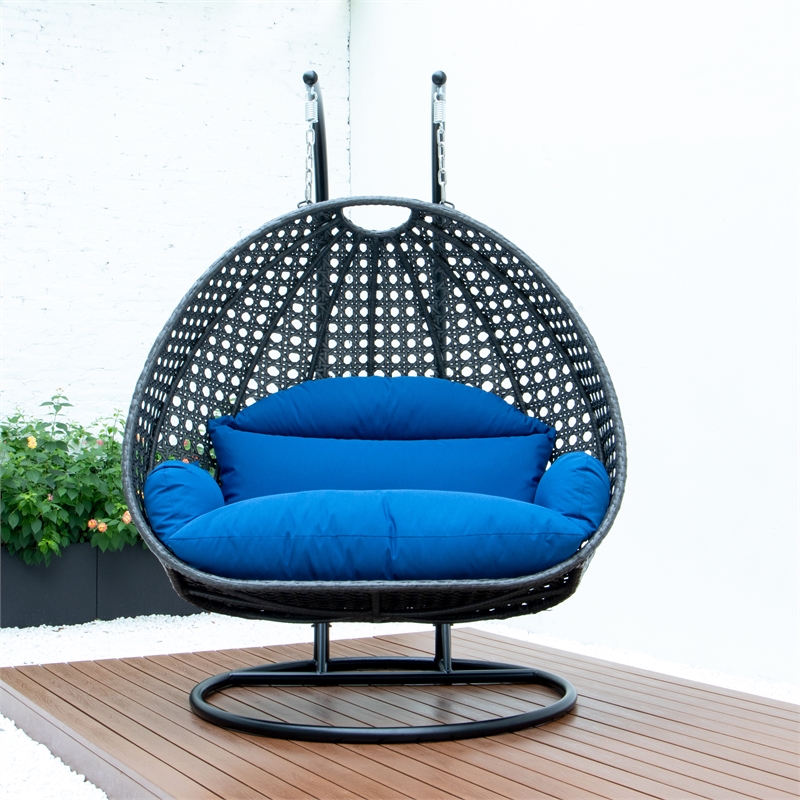 LeisureMod Outdoor Charcoal Wicker Hanging Double Egg Swing Chair in Blue
