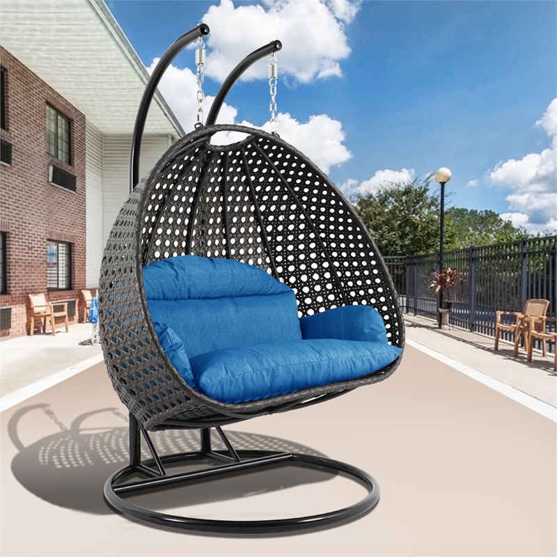 LeisureMod Outdoor Charcoal Wicker Hanging Double Egg Swing Chair in Blue