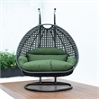 LeisureMod Outdoor Charcoal Wicker Hanging Double Egg Swing Chair in Dark Green