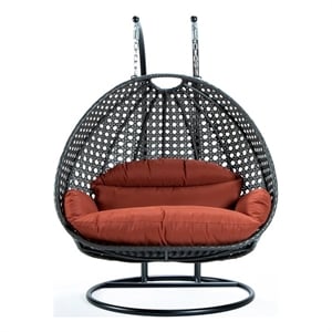 LeisureMod Outdoor Charcoal Wicker Hanging Double Egg Swing Chair in Dark Orange