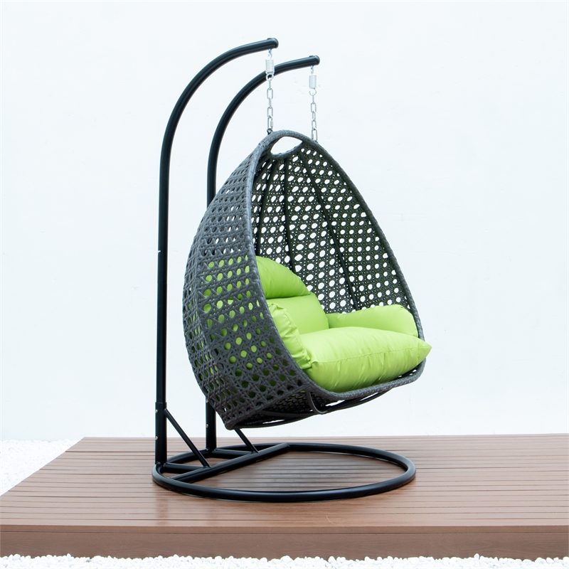 LeisureMod Outdoor Charcoal Wicker Hanging Double Egg Swing Chair in Light Green