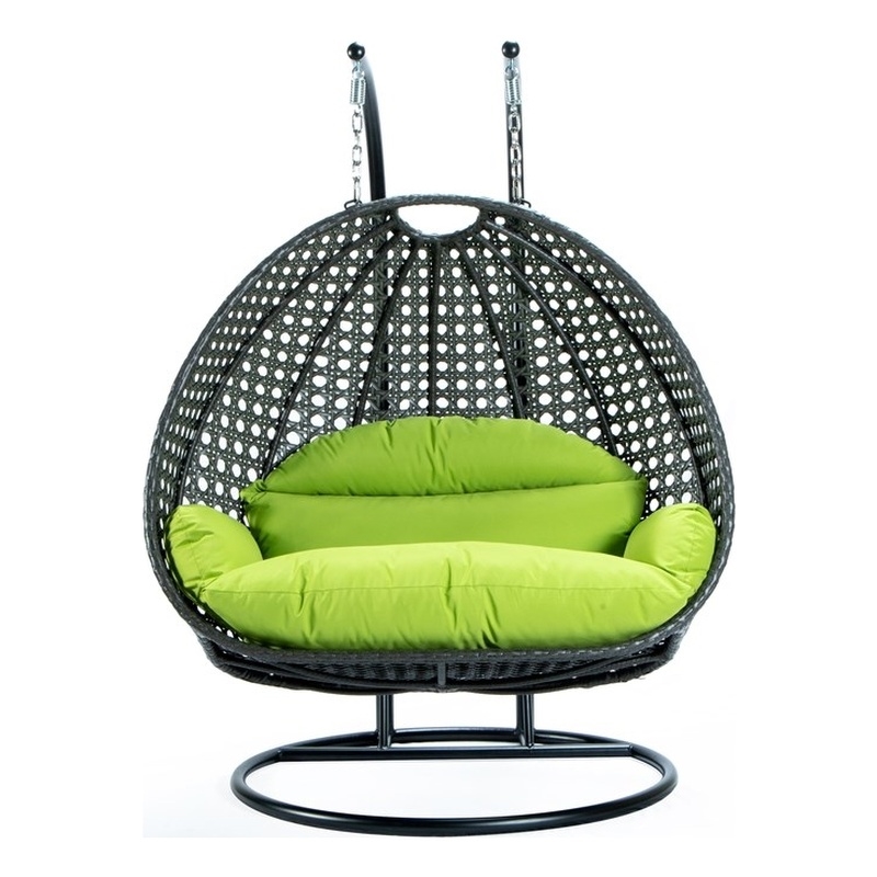LeisureMod Outdoor Charcoal Wicker Hanging Double Egg Swing Chair in Light Green