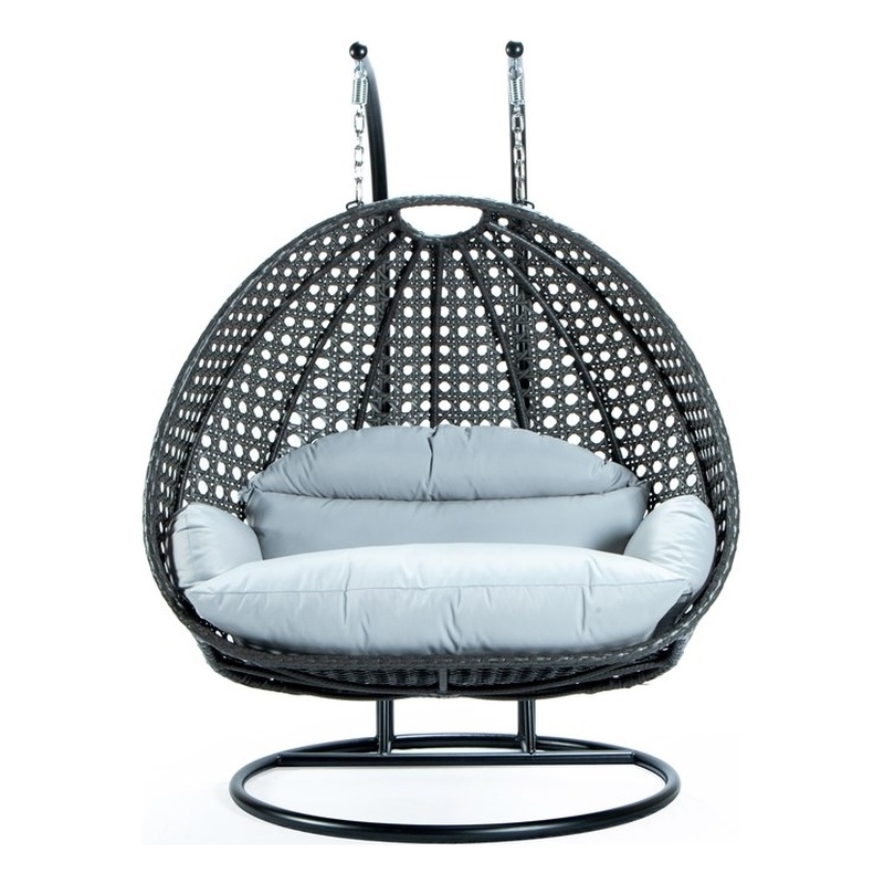 LeisureMod Outdoor Charcoal Wicker Hanging Double Egg Swing Chair in Light Gray
