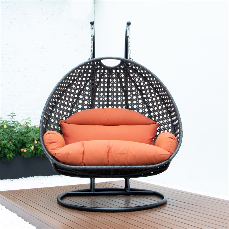 LeisureMod Outdoor Charcoal Wicker Hanging Double Egg Swing Chair in Orange