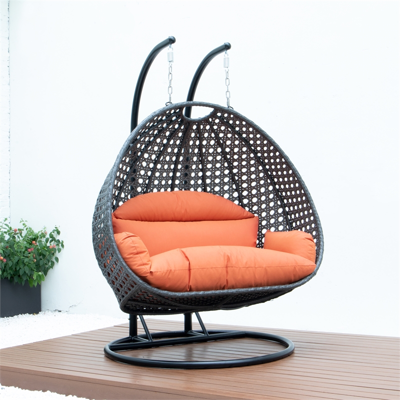LeisureMod Outdoor Charcoal Wicker Hanging Double Egg Swing Chair in Orange
