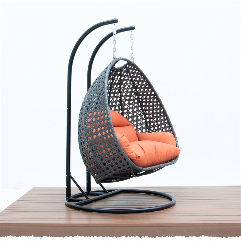 LeisureMod Outdoor Charcoal Wicker Hanging Double Egg Swing Chair in Orange