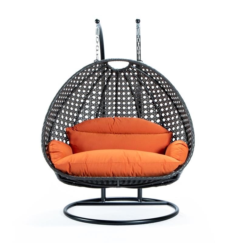 LeisureMod Outdoor Charcoal Wicker Hanging Double Egg Swing Chair in Orange