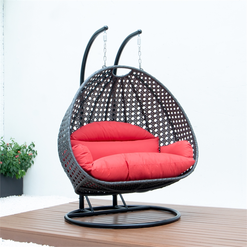LeisureMod Outdoor Charcoal Wicker Hanging Double Egg Swing Chair in Red