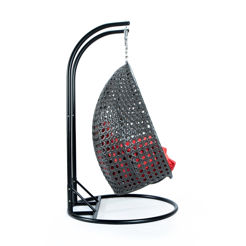 LeisureMod Outdoor Charcoal Wicker Hanging Double Egg Swing Chair in Red