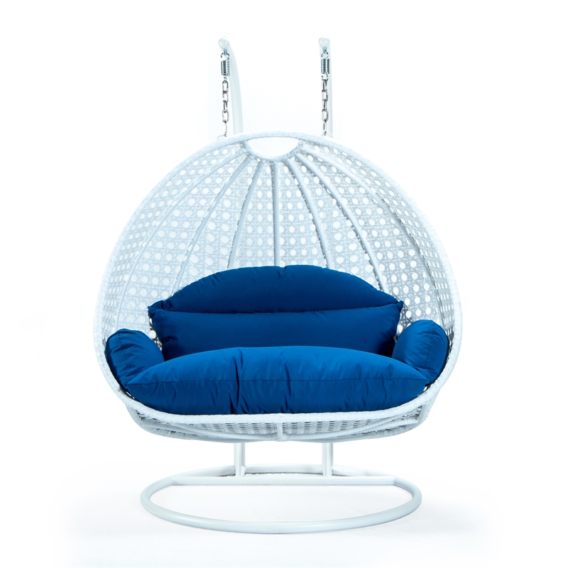 LeisureMod Outdoor White Wicker Hanging Double Egg Swing Chair in Blue