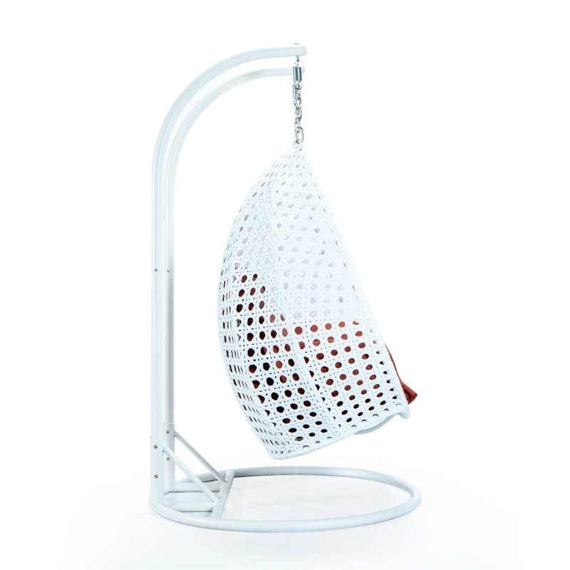 LeisureMod Outdoor White Wicker Hanging Double Egg Swing Chair in Dark Orange