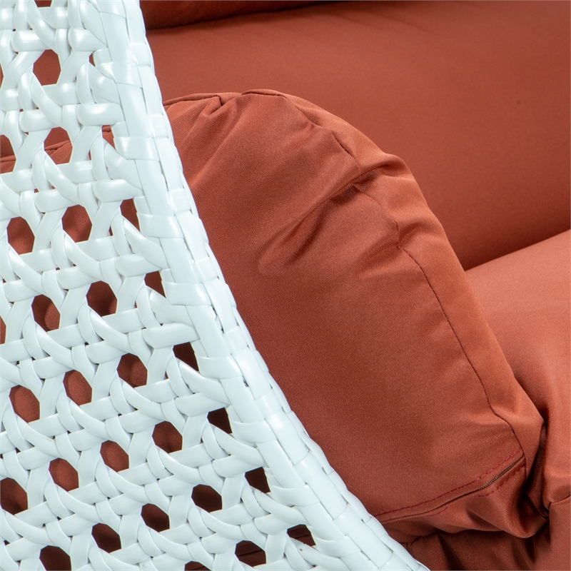 LeisureMod Outdoor White Wicker Hanging Double Egg Swing Chair in Dark Orange