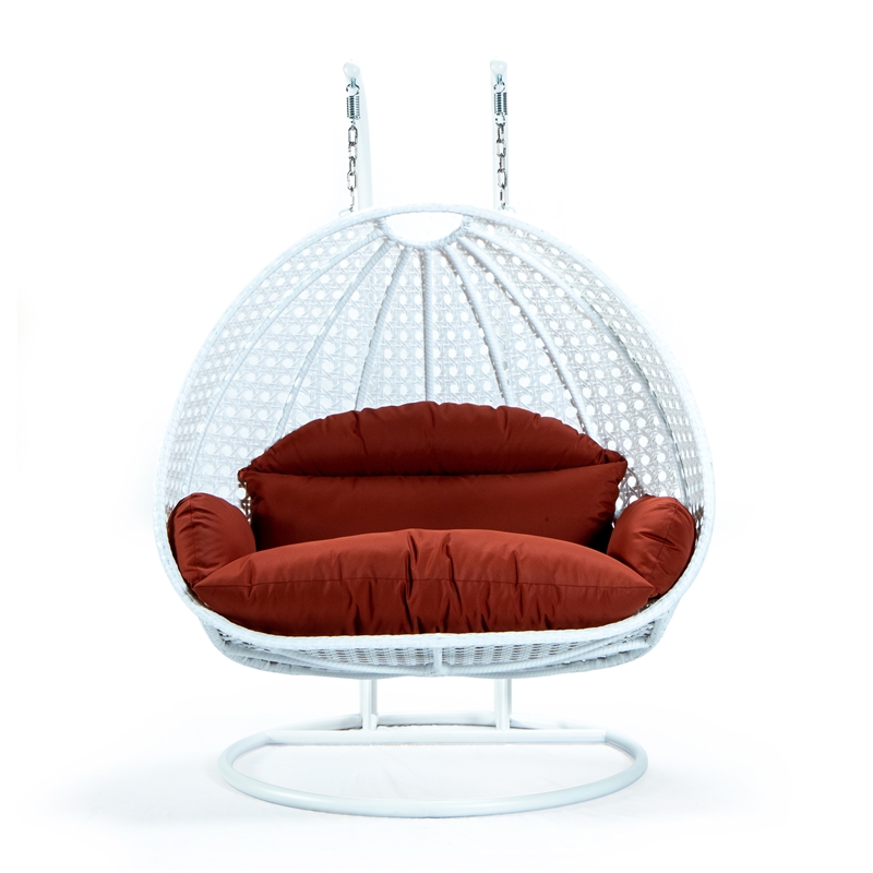 LeisureMod Outdoor White Wicker Hanging Double Egg Swing Chair in Dark Orange